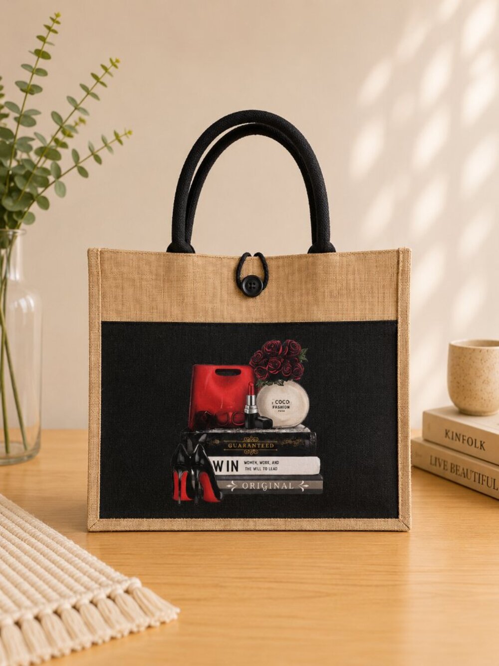 Custom Canvas Tote Bag, Large Size - Fashion Theme, Reusable Black Tote